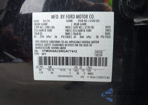 2024 Ford Police Interceptor из США, поврежденный, VIN 1FM5K8AC0RGA77412